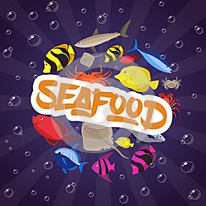 Seafood set design flat fish, crab and lobster. Vector illustration