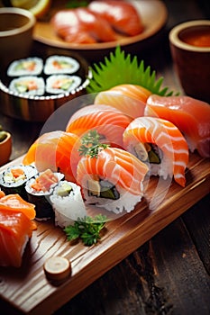 seafood set food japan meal japanese sushi roll fish rice. Generative AI.