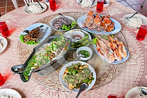 Seafood set for lunch in restaurant