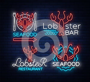 Seafood set of neon logo icons vector illustration. Lobster emblem, neon advertisement, night sign for the restaurant