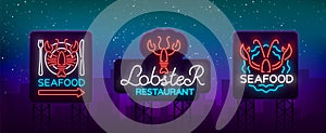 Seafood set of neon logo icons vector illustration. Lobster emblem, neon advertisement, night sign for the restaurant