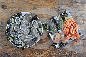 Seafood shellfish plate-Pink prawns, crab claws, Spanish mussels and oysters from Marennes Ol ron
