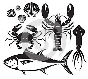 Seafood silhouette set. Lobster prawn, crab, tuna fish, shellfish and squid. Vector Illustrations.