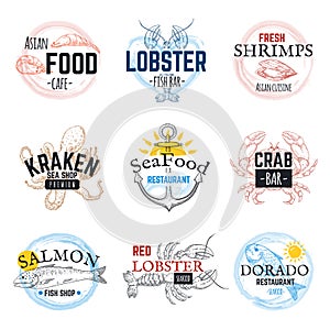 Seafood sketch logos. Vintage hand drawn marine labels, salmon tuna squid and octopus emblem design. Vector ocean food
