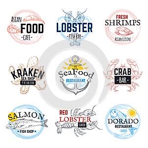 Seafood sketch logos. Vintage hand drawn marine labels, salmon tuna squid and octopus emblem design. Vector ocean food photo