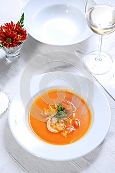 Seafood soup on plate
