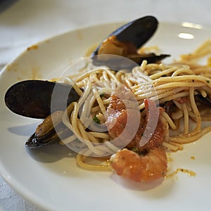 Seafood spaghetti plate