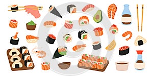 Seafood sushi rolls. Japanese cuisine. Ikura sushi, tobiko maki, onigiri, shrimp nigiri, tekkamaki tuna roll, futomaki