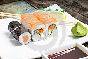 Seafood sushi rolls in plate with chopsticks and japanese spices