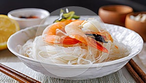 A Seafood Symphony: Shrimp and Noodles Delight. Generative AI photo