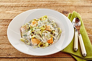 Seafood tagliatelli or fettuccine Italian pasta