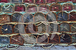 Seafood traps stacked in the harbour