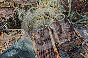 Seafood traps stacked in the harbour