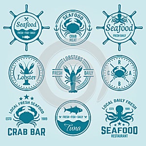 Seafood vector labels, badges, emblems and logos