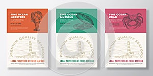 Seafood Vector Packaging Design or Label Templates Set. Ocean and Sea Products Banners. Modern Typography and Hand Drawn