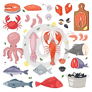 Seafood vector sea fish shellfish and lobster on fishmarket illustration fishery set of salmon prawn for ocean gourmet
