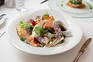 Seafood vegetable salad in a restaurant