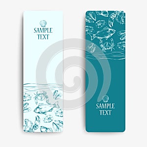 Seafood vintage design template. Vertical banners set. Vector illustration hand drawn linear art. Restaurant menu