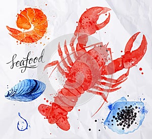 Seafood watercolor cancer, caviar, mussels, shrimp