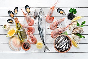 Seafood on a white wooden background. Fresh fish, shrimp, oysters and caviar.