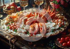 Seafood and wine on the table in the restaurant. Platter full of shrimp, scallops, and other seafood