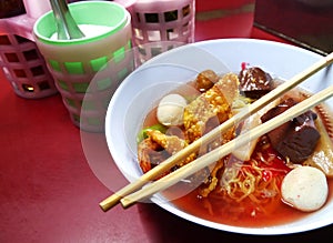 Seafood yong tau foo rice noodles with fishball