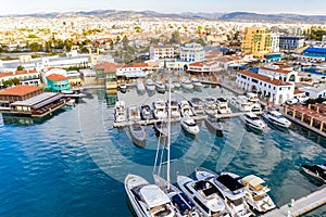 Seafront cafes and restaurants in Limassol marina, aerial view photo