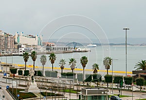 Seafront of the city of Santander, palace of festivals of Cantabria. Ferry and sailboats