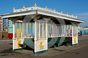 Seafront shelter on promenade at Hove, Brighton, England