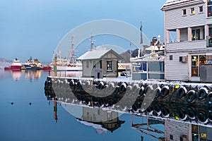 Seafront with ships in winter Bergen