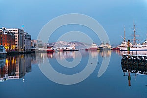 Seafront with ships in winter Bergen