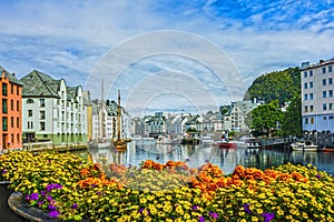 Seafront of town and sea port Alesund, Norway.