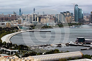 Seafront view of central Baku, capital of Azerbaijan, with luxury hotels and office buildings.