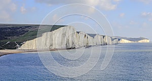 Seafront view of famous Seven Sisters cliffs in England