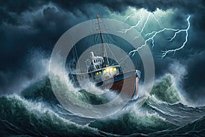 seagoing boat sailing in heavy storm on high seas against background of lightning