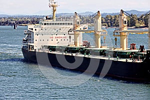 Seagoing vessels and tugboats at the roads and Columbia river of the port of Vancouver, WA, USA. August, 2020.