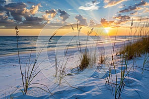 Seagrass on sandy dunes at sunrise overlooking ocean