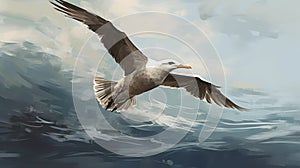 Seagull In The Air: A Surrealistic Digital Painting With Brushwork Mastery