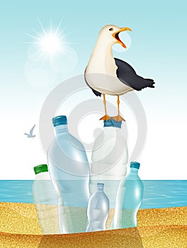 Seagull on the beach with plastic waste