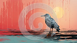 Seagull Bird Painting With Flat Background And Drip Painting Style