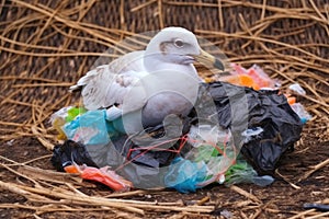 a seagull entangled in a discarded plastic bag