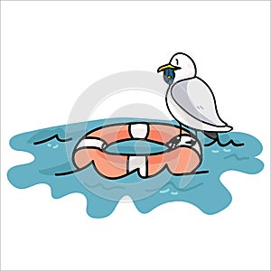 Cute seagull fishing cartoon vector illustration motif set. Hand drawn isolated seaside wildlife elements clipart for nautical