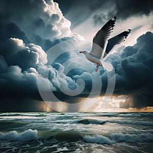 Seagull flies across dramatic dark storm clouds