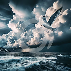 Seagull flies across dramatic dark storm clouds