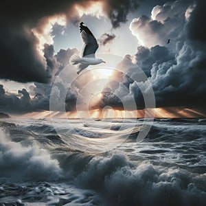 Seagull flies across dramatic dark storm clouds