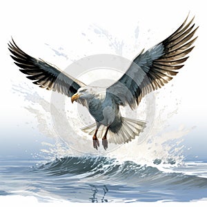 Seagull In Flight: Realistic Illustration With Comic Book Flair