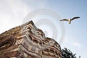 Seagull fly over Church of St John Aliturgetos in Nessebar, Bulgaria