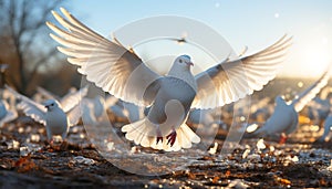 Seagull flying freely, symbol of peace, beauty in nature generated by AI