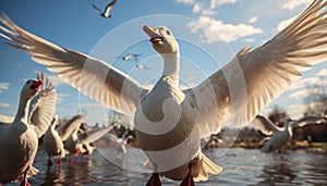 Seagull flying freely, wings spread, enjoying the beauty of nature generated by AI