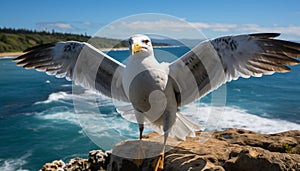 Seagull flying freely, wings spread, enjoying nature tranquil beauty generated by AI